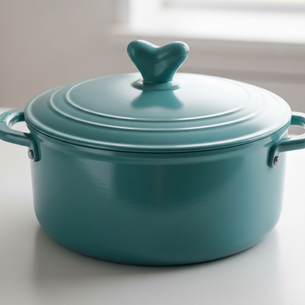 Ayesha Curry Twilight Teal pot with signature heart-shaped knob and diamond texture interior